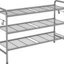 3 Tier Shoe Rack 33" Wide Metal Shoe Organizer Long Shoe Storage with 4 Side Hooks Sturdy Shoes Shelf for Front Door Entrance, Closet, Garage, Dorm, Grey