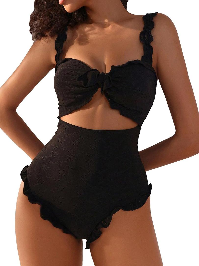 Verdusa Women's Cut Out One Piece Swimsuit Frill Trim Tummy Control Bathing Suit Black Large
