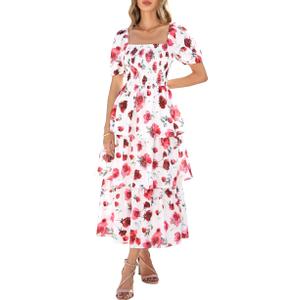 BTFBM Womens Square Neck Smocked Dress Summer Puff Short Sleeve Floral Casual Ruffle Tiered Maxi Wedding Guest Dresses (Medium, Floral White Red)