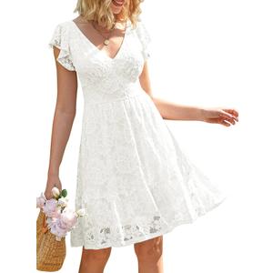 MEROKEETY V NECK FLUTTER SLEEVE FLORAL LACE TIE BACK MINI DRESS, LARGE, WHITE