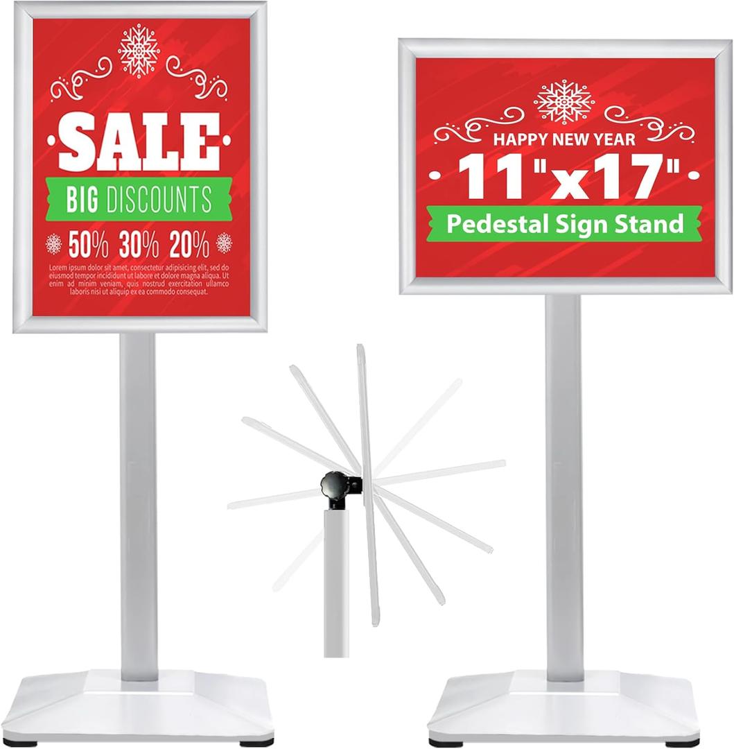 Pedestal Sign Holder 11x17inch Adjustable Floor Stand With Heavy Base & Snap Frame Display for Indoor Outdoor Business Store Poster (Silver)