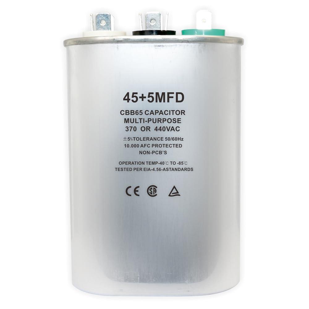 45+5 uF CBB65 Oval Dual Run Circular Start Capacitor, 45/5 MFD 5% 370V/440VAC Combination Capacitor for Compressor AC Motor Run Fan Start Condenser Straight Cool Heat