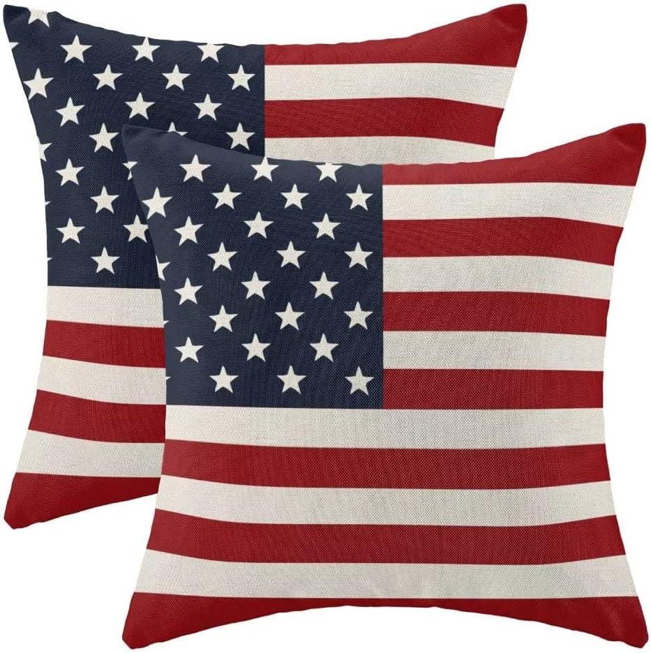 BETGINY 4th of July Pillow Covers 16x16 Set of 2, American Flag Patriotic Decorations Throw Pillow Covers Linen Farmhouse Independence Day Cushion Case for Couch Sofa Summer Home Outdoor Decor