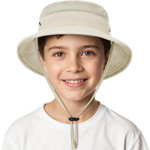 Kids Sun hat for Girls Boys Outdoor Breathable Sun Protection UPF 50+ Cap Wide Brim Summer Beach Bucket hat (5-13 Years, Beige)
