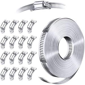 Steelsoft 304 Stainless Steel Hose Clamp Assortment Kit DIY, Cut-To-Fit 35 FT Metal Strap+16 Stronger Fasteners, Large Adjustable Worm Gear Hose Clamps Screw Clamps Duct Pipe Metal Clamp Strapping
