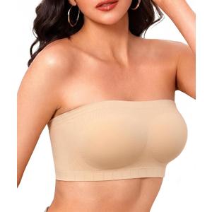 Strapless Bra for Women Fixed Pads Wireless Bandeau Bra Non-Slip Tube Tops (Beige, L)