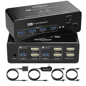 DEMEXBOOK HDMI KVM Switch 2 Monitors 2 Computers 8K@60Hz 4K@120Hz, with 4 USB 3.0 Ports for 2 Computers Sharing 2 Monitors, Extended/Copy Mode, with Power Adapter,Includes Remote & 2 USB Cables