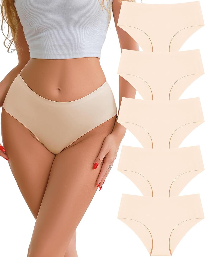 UNDER THE SEA Seamless Underwear for Women Plus Size Mid Rise Lingerie Brief Sexy No Show Panties Womens Cheeky 5 Pack (Beige, M)