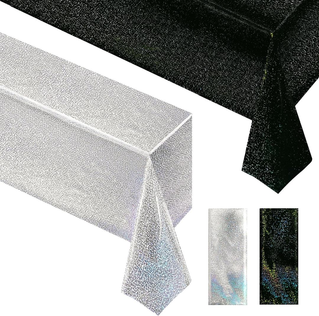 2 Pcs Black & Silver Holographic Laser Tablecloths Shiny Plastic Table Cloths 40" x 108" Black and White Classical Halloween Events Birthday Party Decor Anniversary Supplies
