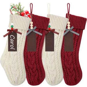 Christmas Stockings, 4 Pack 18" Large Cable Knit Xmas Stockings Personalized with Wooden Name Tags for Christmas Decorations Family Holiday Party Decor (Burgundy, Ivory)