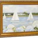 Gold Vintage Framed Coastal Wall Art - Sailboat Seascape Hydrangea Canvas Prints, Summer Ocean Aesthetic Decor for Living Room Bedroom Beach House, 16x24 Inch