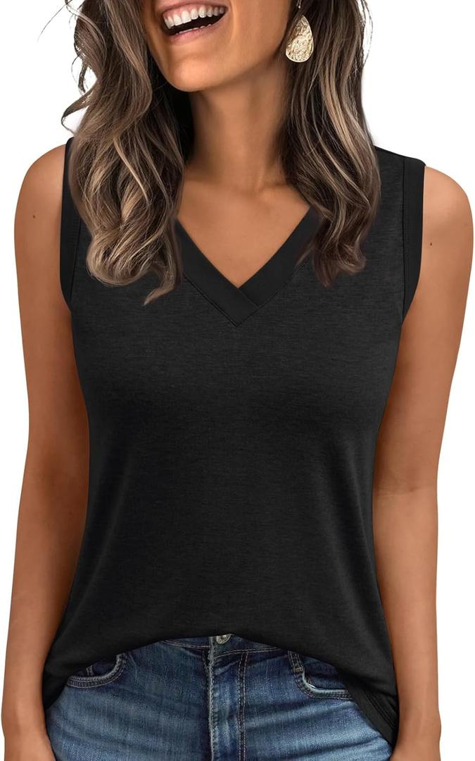 AUTOMET Tank Top Women Summer 2025 Casual Spring V Neck Sleeveless Tee Shirt Basic Trendy Beach Vacation Outfits Clothes (4X-Large, Black)