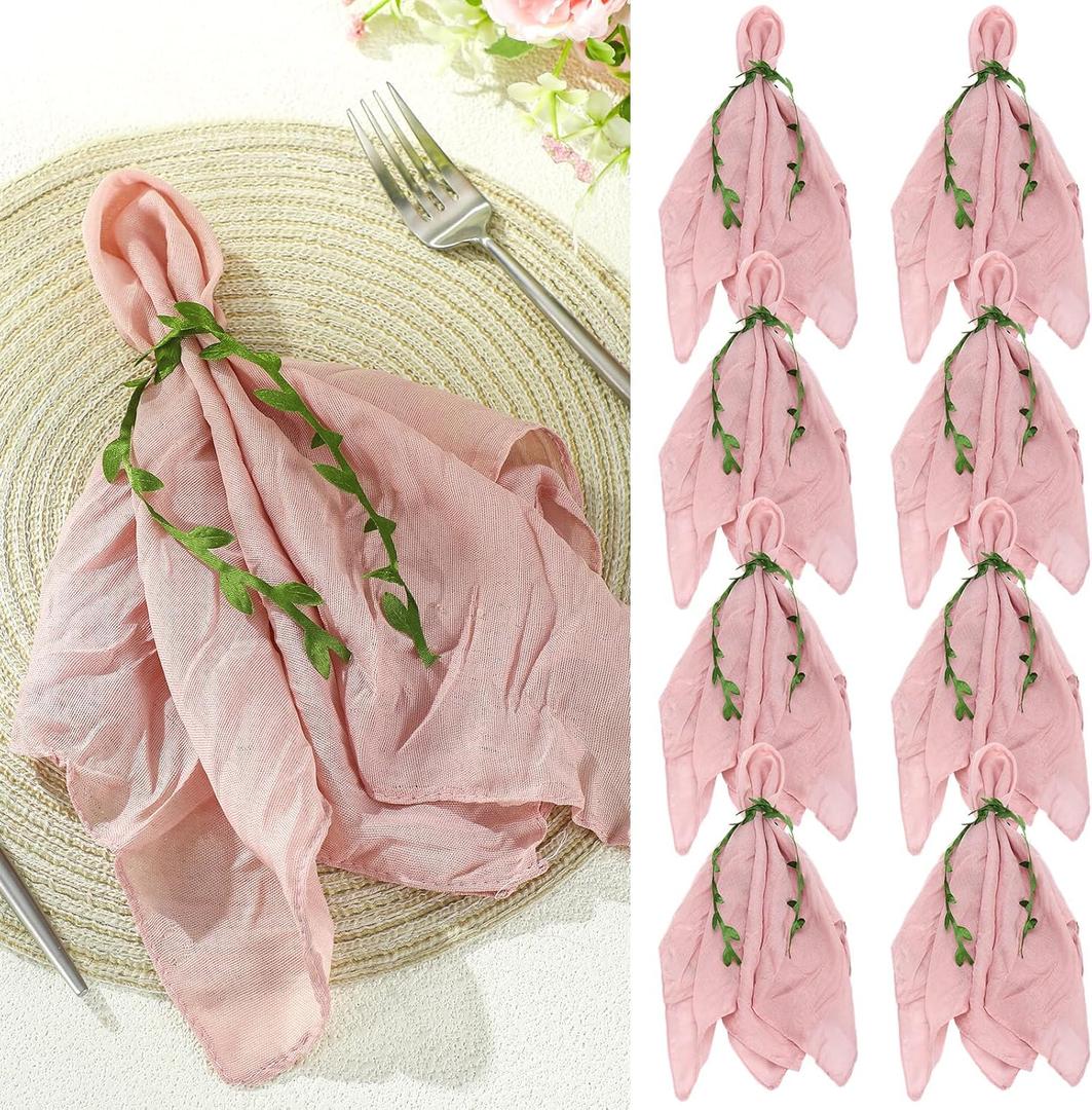 HunnmingRe 80 Set Dusty Pink Cheesecloth Napkins with Napkins Ring 18 x 18 Inch Gauze Sage Cloth Napkin Cotton Reusable Dinner Leaf Ribbon Rustic Linen Table for Wedding Baby Shower Event Party