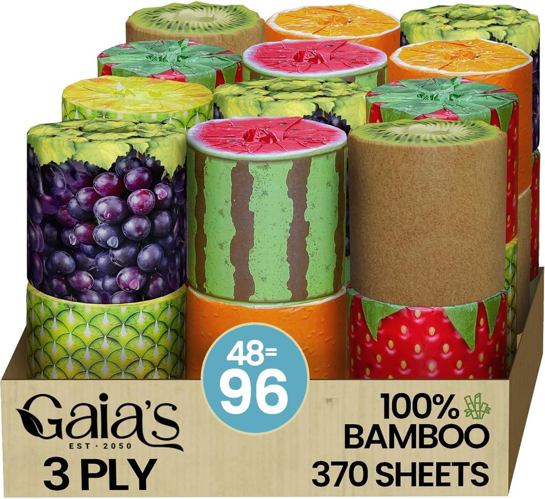 Gaias Premium and Soft Fruit TP Organic Bamboo Toilet Paper | 48 Mega Rolls, 3 Ply, 370 Sheets | FSC Certified, PFAS & BPA Free, Eco-Friendly, Sustainable Tissue - Plastic Free, Septic Safe, Vegan