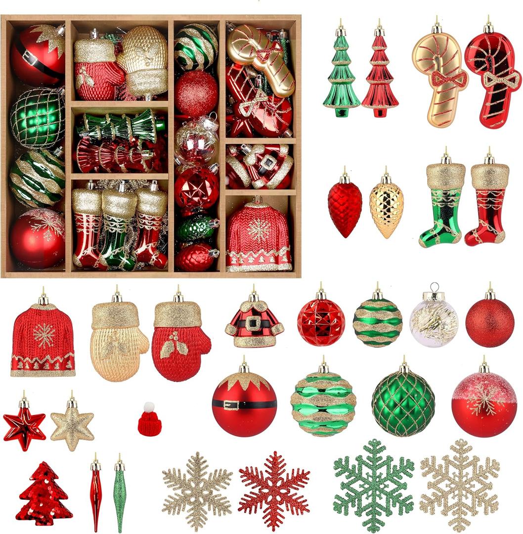 Alupssuc 85ct Christmas Balls Ornaments Set, Colorful Shatterproof Plastic Christmas Tree Ornaments, Xmas Decorative Baubles for Christmas Tree Decorations with Hanging Strings, RedGreenGold