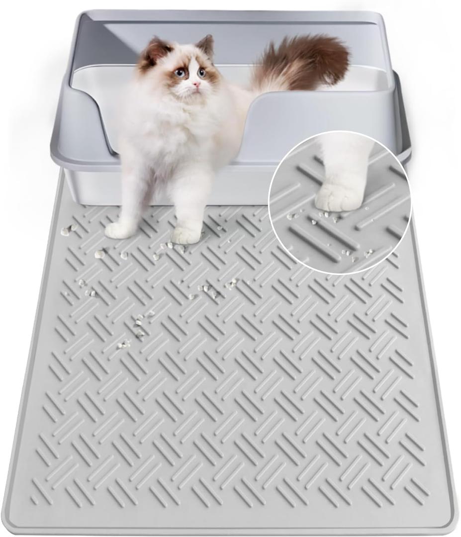 Cat Litter Mat, Cat Litter Trapping Mat, Non-Slip, Waterproof Silicone Cat Litter Box Mat, Scatter Control, Machine Washable, 23x18 (Grey)