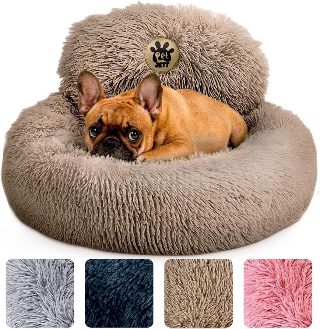 PetJett Calming Dog Beds for Small Dogs  23" Donut Dog Beds, Anti-Slip & Washable Puppy Bed - Fluffy Plush Faux Fur Pet Bed, Anti-Anxiety Premium Comfort Round Pillow, Fits Dogs up to 25 lbs  Beige
