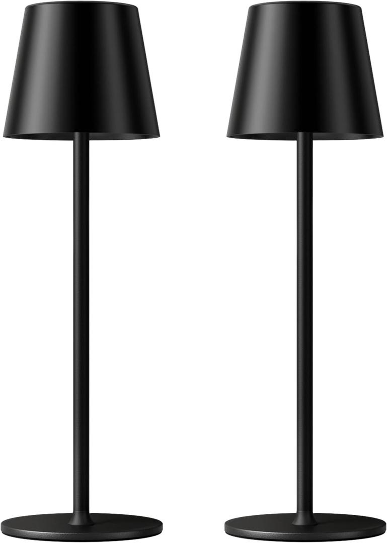 Cordless Table Lamp Rechargeable Black - KK 2 Pack 5000mAH Battery Operated Lamp for Counter, 3 Color Stepless Dimming Waterproof LED Wireless Lamp for Dining Kitchen, Outdoor Patio, Touch Control (2 Pack 14in - Circle Shade)