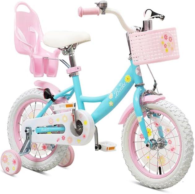 Girls Bike with Basket for Toddlers and Kids Aged 3-14 Years Old, 14  Inch with Training Wheels & Doll Seat, 20 Inch with Kickstand & Rear Rack, Princess Style Bicycle for Gift (Pink & Blue)