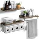 3+1 Tier Floating Shelves With Wire Basket, Towel Bar and Hooks - Wall Solid Wood Shelves for Bathroom, Living Room, Bedroom and Kitchen