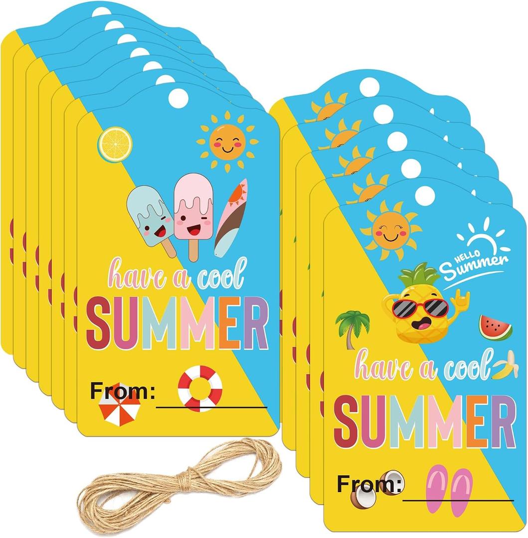 50 Pcs 2 x 3.5 Inch Have A Cool Summer Tags Summer-Themed Gift Tags | Sunshine Hanging Tags Fun Name Labels for Birthday Party,School, Teachers, Friends, Family, Party Decor