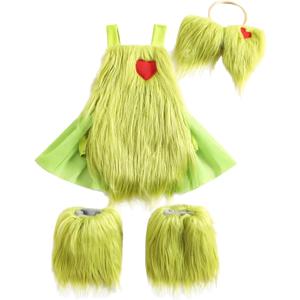 Nicoxijia Toddler Baby Girl Christmas Costume Outfit Furry Sleeveless Romper Overalls Headband Leg Warmer Plush Xmas Clothes (18-24 Months)