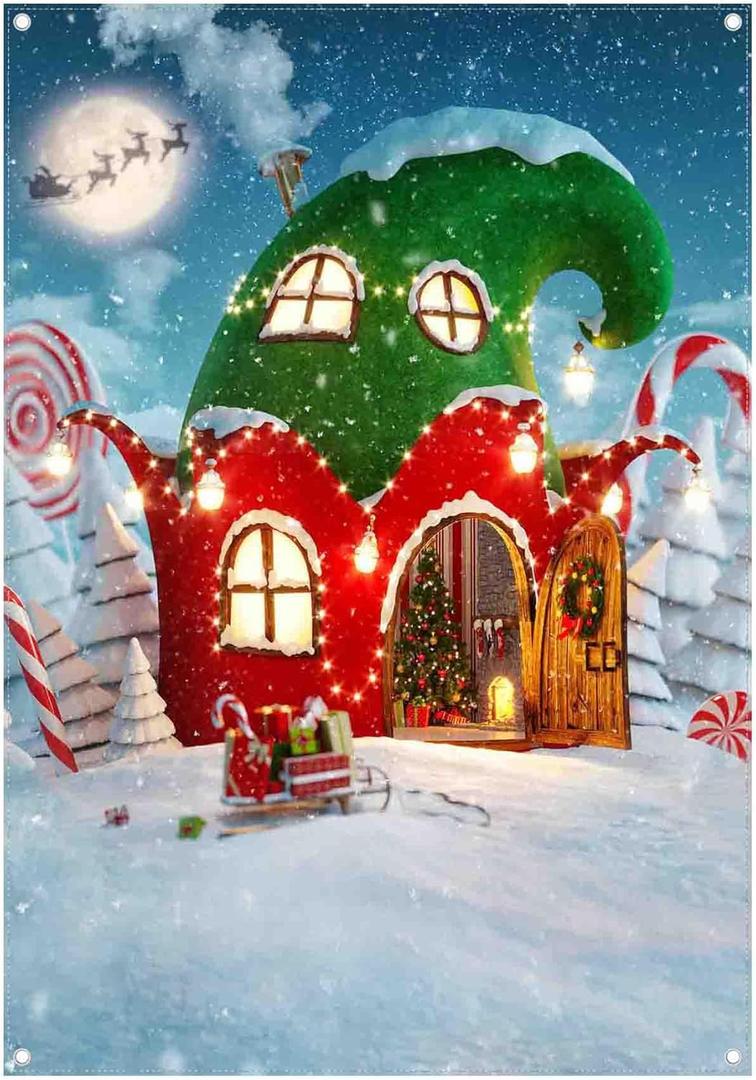 ZTHMOE 5x7ft Polyester Christmas Candy Canes House Photography Backdrop Winter Night Snowflake Background Xmas Pine Trees Cane Sugar Party Decorations Photo Banner Props with Four Holes Easy to Hang