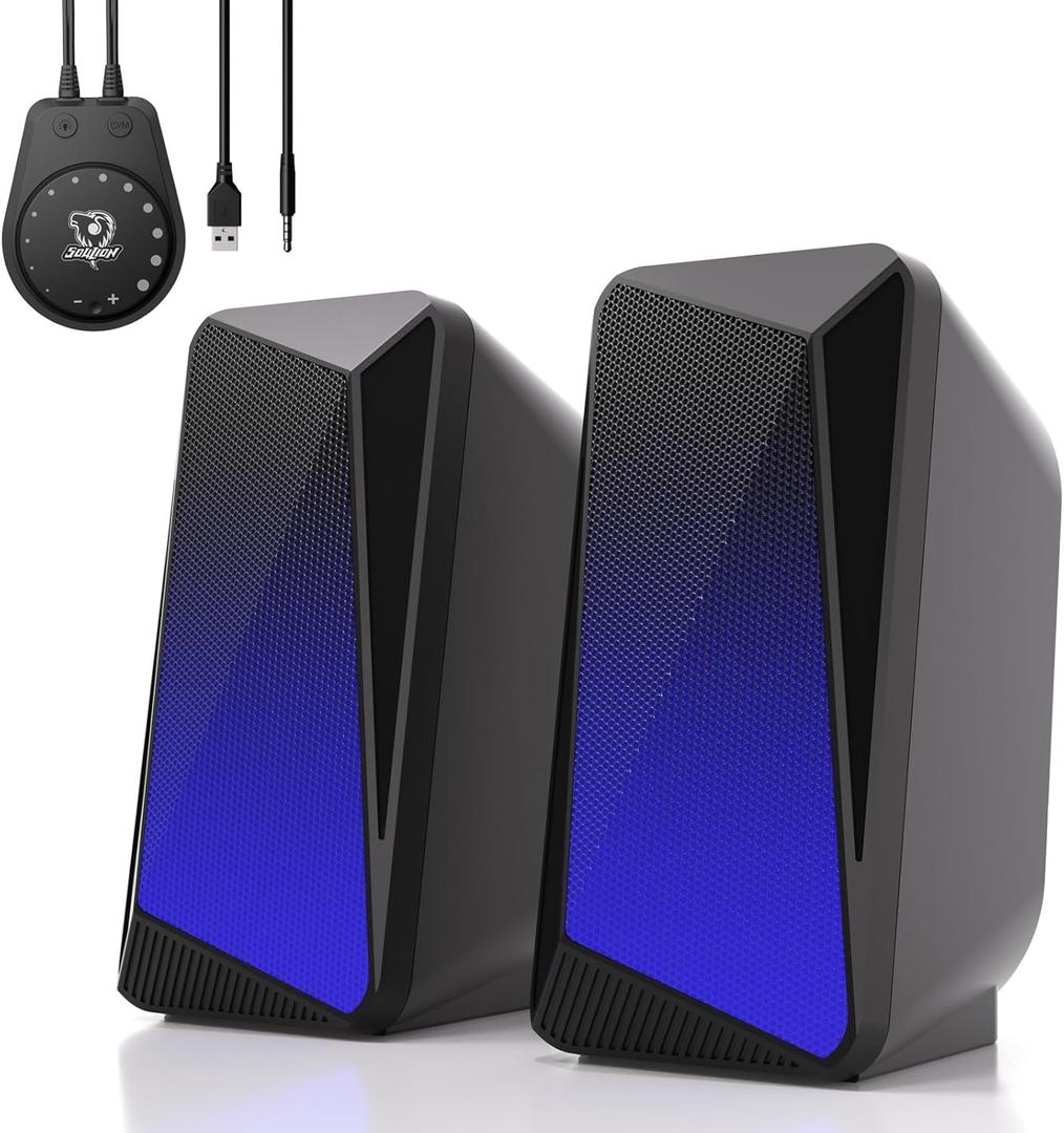 SOULION C30 Bluetooth Computer Speakers, 2.0 PC Speakers for Desktop Monitor, Wired USB Powered & Pulsing & LED Flame Lights, 3.5 mm AUX Speakers for Laptop Gaming with Wired Handy Control (Black)