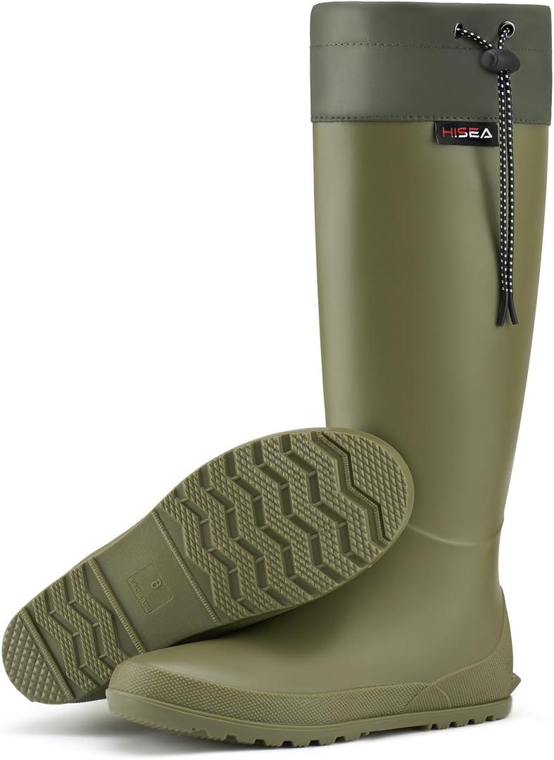 HISEA Women's Rain Boots, Waterproof Knee High Garden Shoes for Yard Work,Packable Slim Fit Rubber Mud Boots, Lightweight Outdoor Footwear for Travel (Green), Size 6