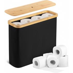 BAMBOO LAND- Toilet Paper Storage with Bamboo Lid for 12 Rolls, Black, Waterproof Bamboo Toilet Paper Holder Basket