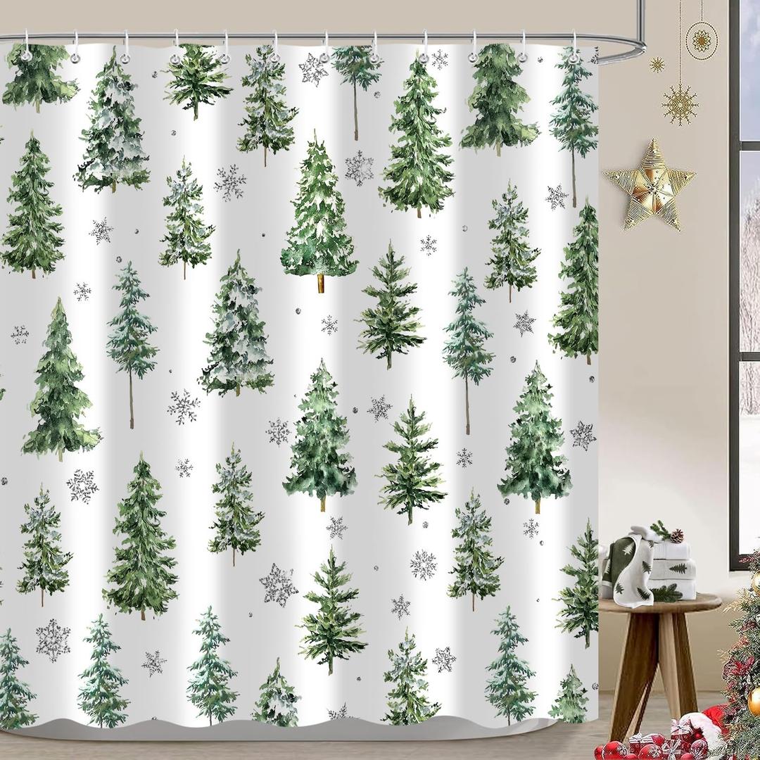Christmas Pine Tree Shower Curtain, Farmhouse Retro Watercolor Winter Forest Snowflake Green Bathroom Curtains Decor Set, Polyester Waterproof Fabric Bath Curtain with Hooks 72x72 Inch