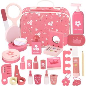 GAGAKU Wooden Makeup for Girls Ages 3-6, Wood Makeup Toy Set Toddler Make up Play Set Kit Pretend Play for Kids (02 Rose Pink)