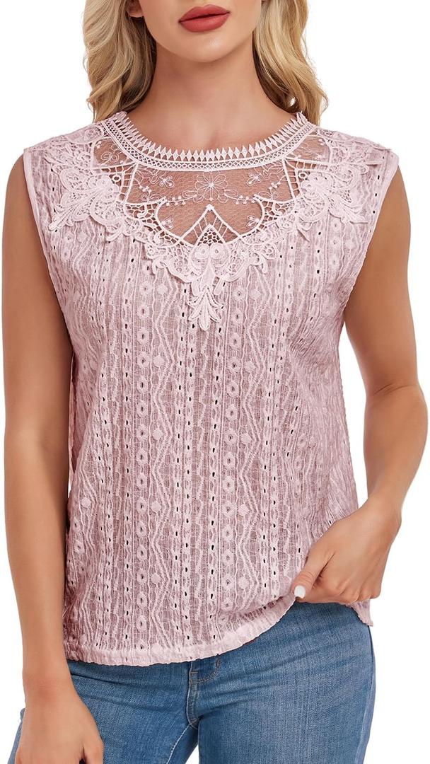 Women's Sleeveless Back Key Hole Tunic Tank Tops Casual Lace Shirt Blouses (Light Pink, Size Small)