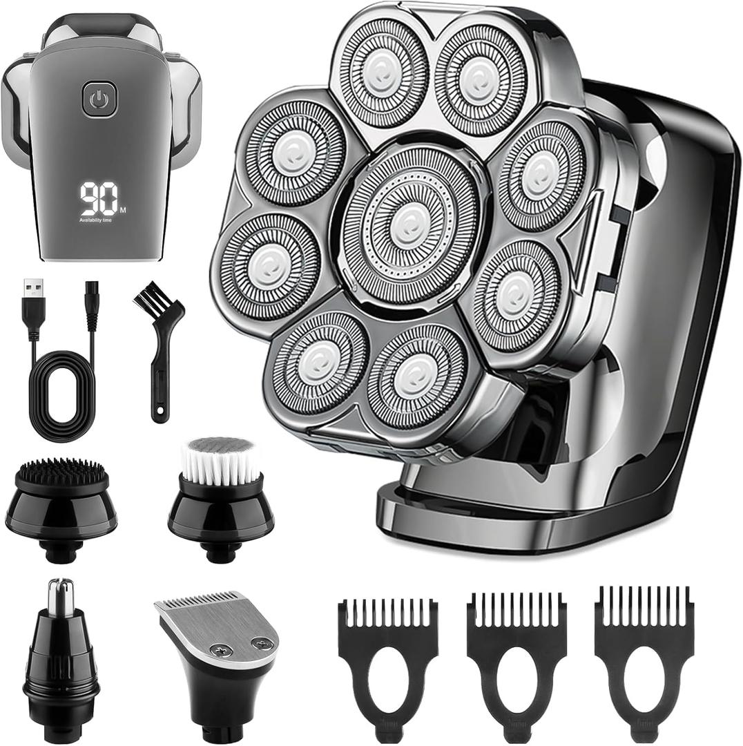 9D Head Shavers for Bald Men, 5-in-1 Electric Razor, Cordless Rechargeable Waterproof Wet/Dry Shaving Grooming Kit for Balder with Nose Trimmer, Massager, LED Smart Display, Gift for Husband Dad
