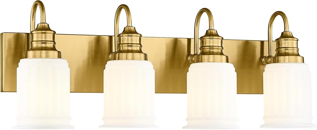 Bathroom Light Fixtures 4-Lights, HWH Brushed Gold Vanity Light Modern Bathroom Vanity Lights Over Mirror, 26'' Antique Brass Vanity Light with Frosted White Bell-Shaped Fluted Glass, 5HZG106B-4W BG