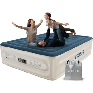 VOSSER Queen Air Mattress with Built-in Pump,18''Fast & Easy Inflation/Deflation Inflatable Mattress, Foldable Blow Up Mattress with Storage Bag, Inflatable Bed for Home, Camping & Guests (Navy Blue)