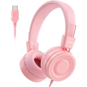 USB C Kids Headphones for School, Upgrade USB Type C Kid Headphone, 94 dB Volume Limiter Wired On-Ear Headset for Kids/Toddlers/Children/Teens/Boys/Girls-Light Pink