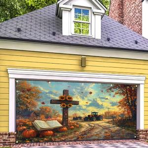 Fall Thanksgiving Garage Door Banner 13x6ft Thanksgiving Theme Backdrop Farmhouse Fall Backdrop Decor Cross Pumpkins Sunflowers Photo Prop Background for Autumn Yard Outdoor Decor