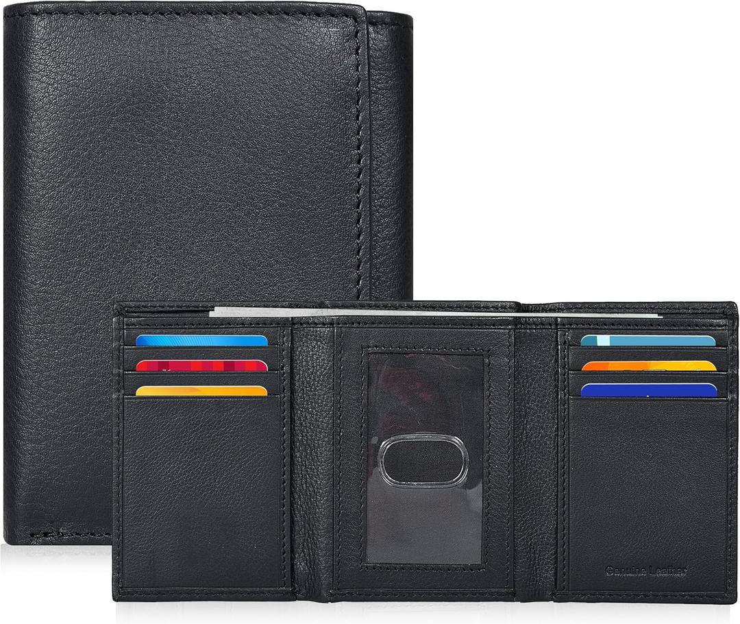 Real Leather Mens Trifold Wallet RFID Blocking Slim Minimalist Front Pocket - Thin & Stylish with ID Window in Gift Box (Classic Black)