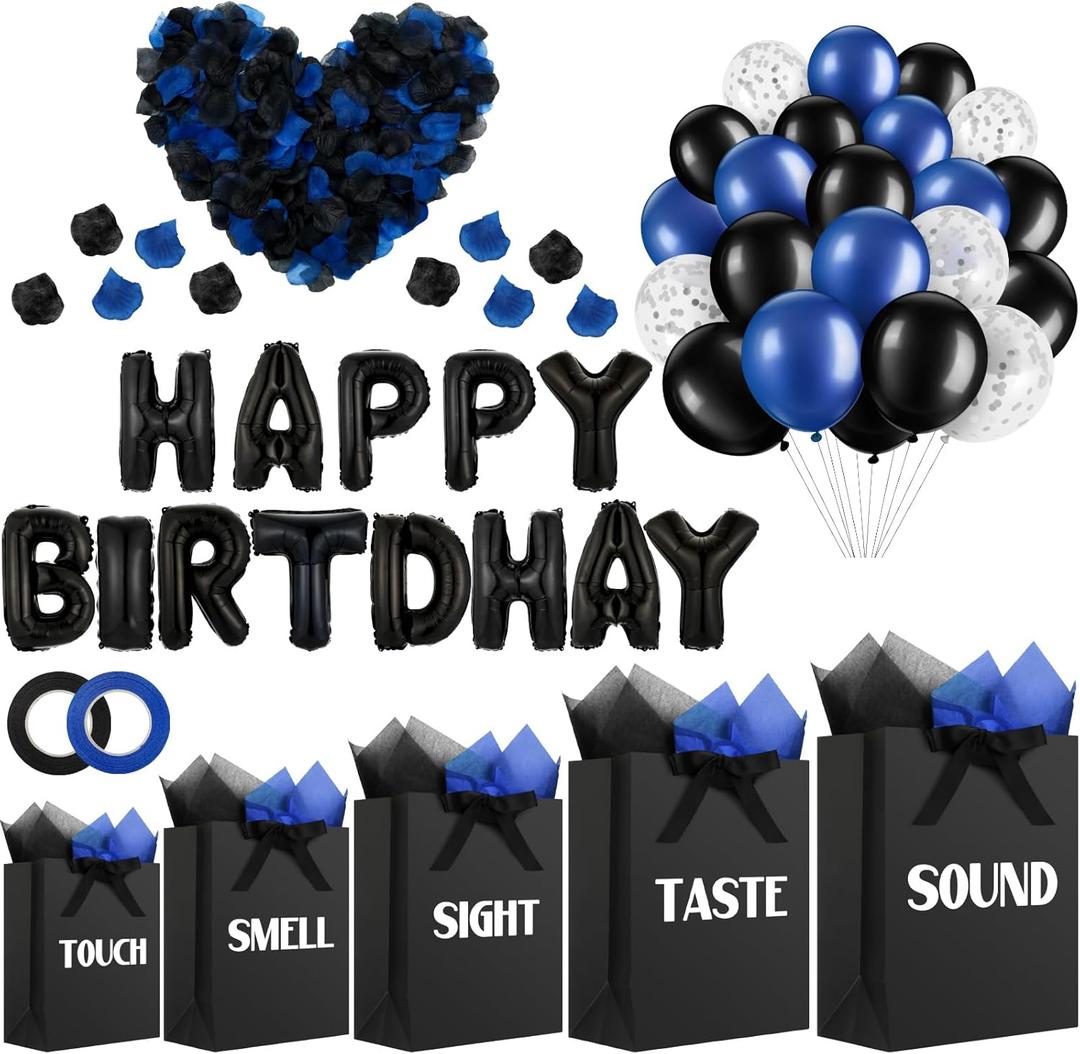 Ctosree 5 Senses Gift Bags for Her Him Black and Blue Birthday Decorations Kit Includes Five Senses Gift Bags, Happy Birthday Balloons, Tissue Paper and Petals for Anniversary Wedding Party Favors