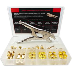 54PCS PK-26 1/4" I.D.Torch Hose Repair Kit, Air Hose Repair Kits for Torch Hose/Oxygen Acetylene/Air Hose, 1/4" Hose Repair Kit Include Fittings/Crimping Tool/Ferrules/Couplers/Braces/Splicers/Nipples