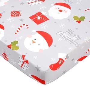 JISEN Christmas Crib Sheet Santa Claus Fitted Crib Sheet for Boys Girls Crib Mattress Cover Baby Sheet for Standard Crib and Toddler Mattress Soft Breathable Baby Bed Sheet for Neutral 52x28 Inch Grey