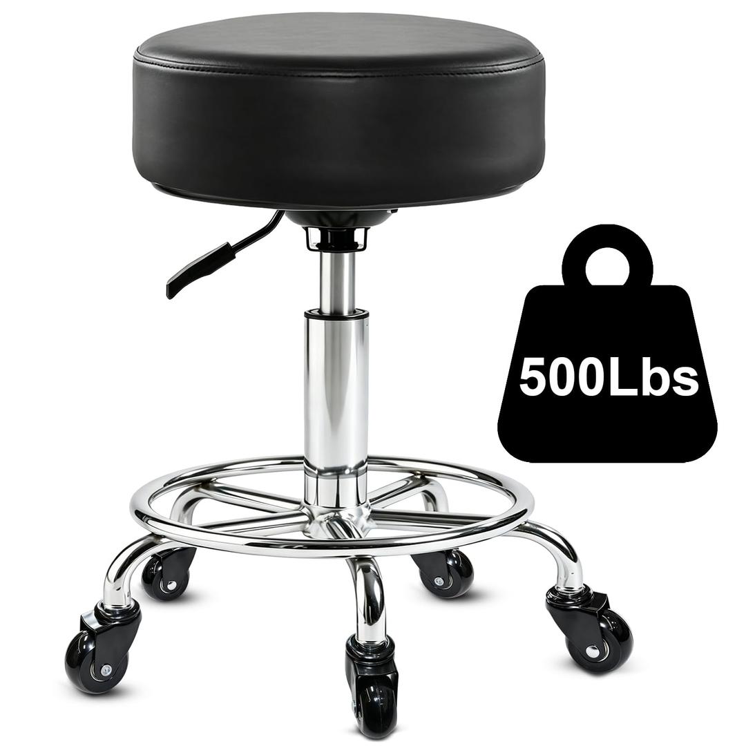 Adjustable Rolling Stool with Foot Ring, 500 lbs Heavy Duty Swivel Chair