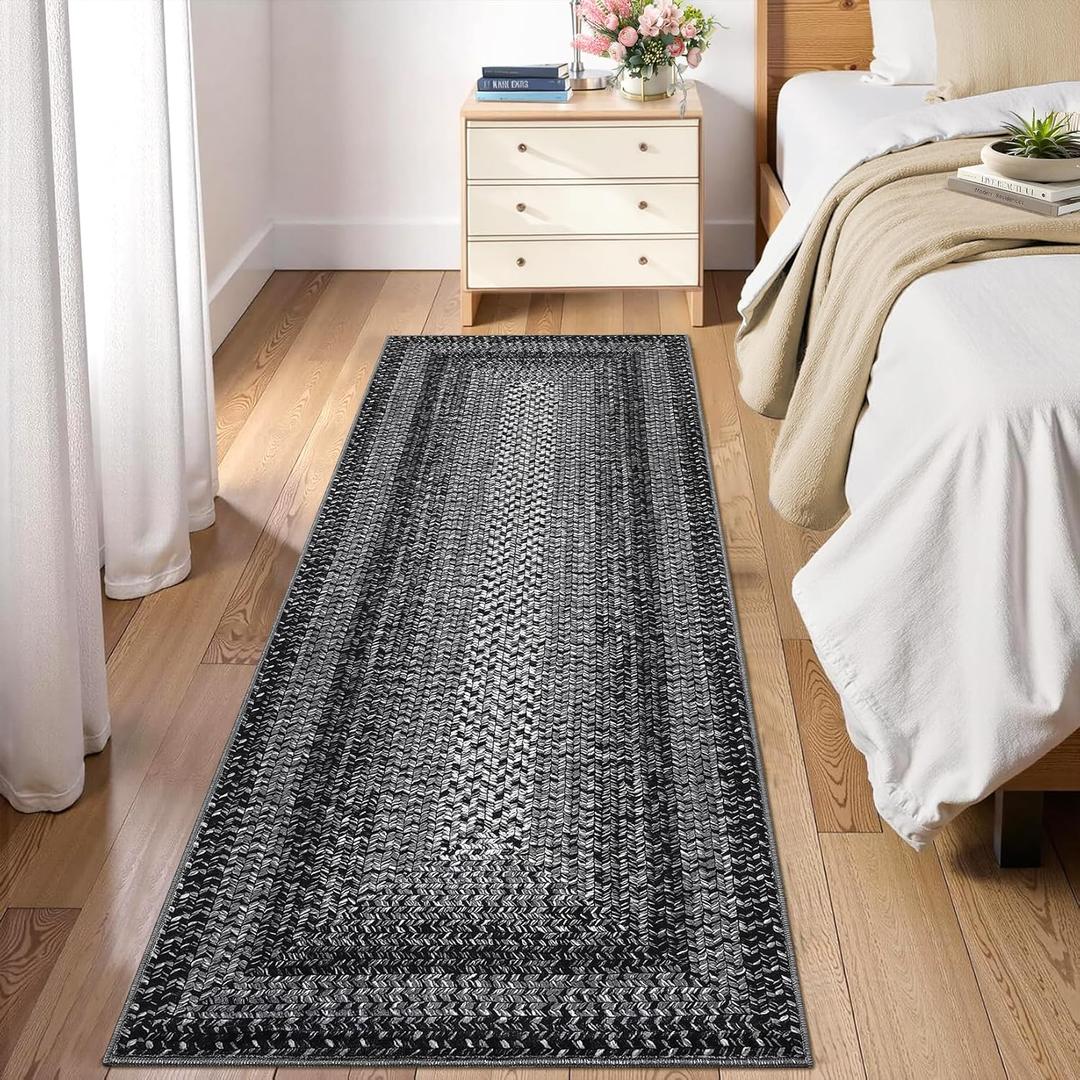 2x6 Boho Runner Rug Braided Print Hallway Area Rug Machine Washable Throw Floor Cover Non Slip Moroccan Runner Carpet for Kitchen Farmhouse Rustic Carpet for Living Room Bedroom, Black