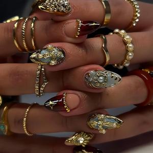 Fall Press On Nails Short Almond Luxury Brown Nails With Gems