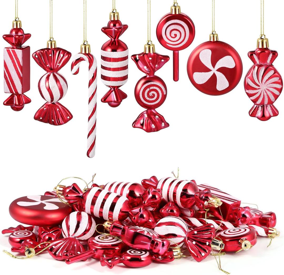 Leyndo 24 Pcs Christmas Candy Hanging Ornament Candy Cane Peppermint Lollipop Decor Glitter Ornament for Home Christmas Tree Party Favor Decoration(Red)