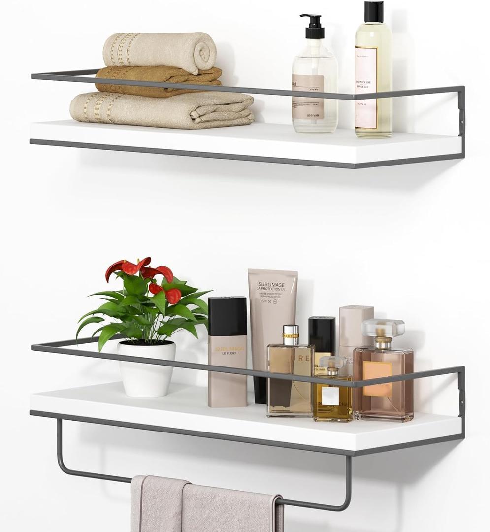 Shario White Floating Shelves - Set of 2, Wall Mounted Hanging Shelves with Grey Towel Rack, Decorative Storage Shelves for Bathroom, Kitchen, Living Room & Bedroom (White Grey, 15.7 Inches)