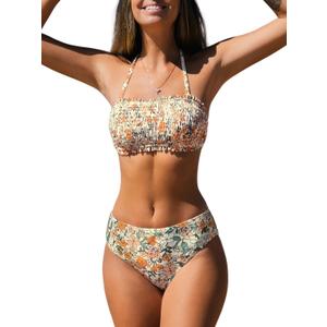 CUPSHE Bikini Set for Women Two Piece Swimsuit Bandeau Top Back Tie Mid Waisted Bottom with Removable Shoulder Straps (Small, Multicolor)