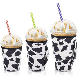 Iced Coffee Sleeve Insulator Sleeves for Cold Drinks Beverages, 3 Pack Reusable Neoprene Cup Sleeve with Handle for 16-32oz Coffee cups(Cow Print)