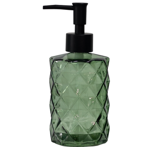Green Glass Soap Dispenser with Black Plastic Pump, 12oz Refillable Liquid Hand Soap Dispenser, 1Pack Crystal Lotion Bottle for Modern Home Decor, Bathroom, Kitchen Countertop, Hotel